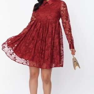 Unique Vintage Burgundy Lace Long Sleeve Dress